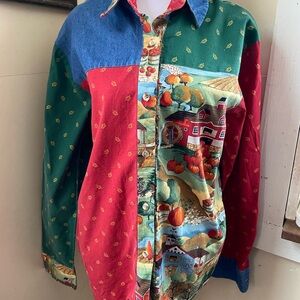 Colorful Patchwork Button-Up Shirt vintage farm pumpkin scenic L